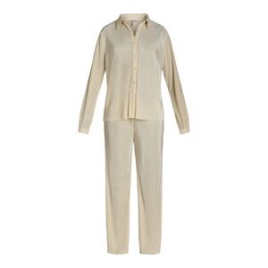 Nine.Eight Womens 2-Piece Shirt Pants Set Size L Cream Plisse Pleat Wide Leg